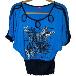 lady fashion short sleeve shirt blue black embellished butterfly medium READ